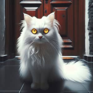 Exquisite French Angora White Cat Stands Before Antique Wooden Door