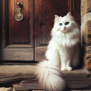 Elegant White Cat by Rustic Wooden Door