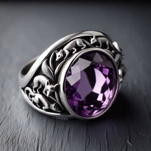 Sterling Silver Men's Ring with Amethyst Gemstone and Foxes