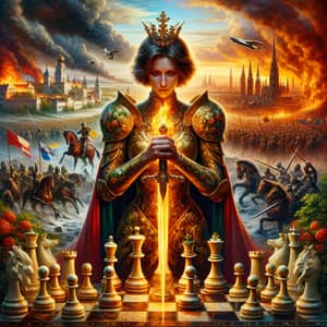 Joan of Arc as Queen of Chess: Golden Armor & Flaming Sword