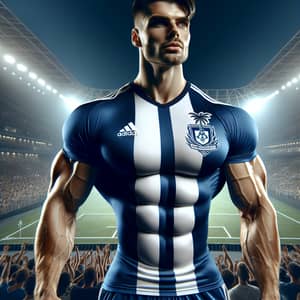 Powerful Athletic Man Representing Fictional Football Club in Royal Navy Blue and White Jersey