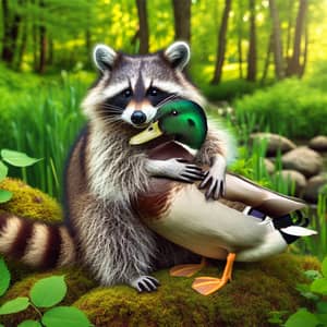 Peaceful Raccoon and Duck Embrace in Natural Setting
