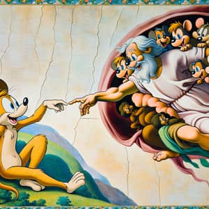 Whimsical Cartoon Characters Reenacting God and Adam Scene