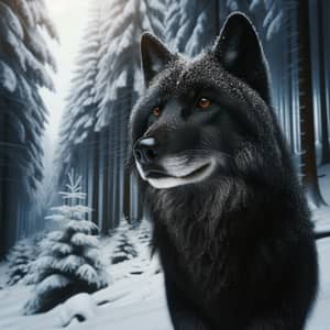Majestic Black Wolf in Snowy Forest | Nature's Serenity