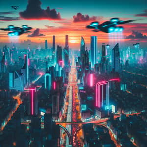 Futuristic City Skyline at Sunset | Cyberpunk Urban Scene