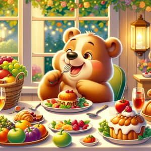 Adorable Cartoon Bear Enjoying Hearty Meal | Whimsical Dining Scene