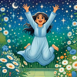Happy South Asian Person Surrounded by Starry Night and Daisies