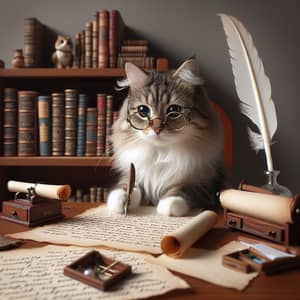 Hard-Working Cat: Studious Feline at Desk with Feather Quill Pen