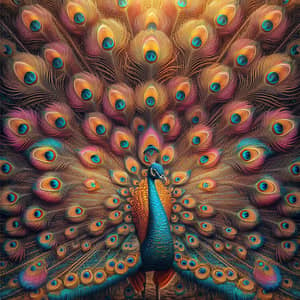 Extravagant Peacock Displaying Orange, Pink, Blue & Yellow Tail Feathers