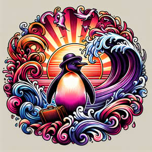 Intricate and Colorful Penguin Tattoo Design with Sunset and Wave