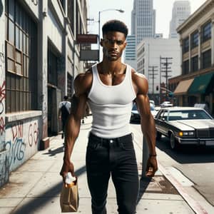 Athletic African-American Man Walking in Vibrant Urban Street