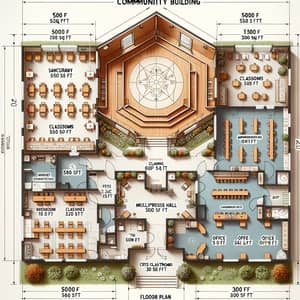 Detailed Floor Plan for Community Building | Sanctuary, Multipurpose Hall, Classrooms, Offices, and Facilities