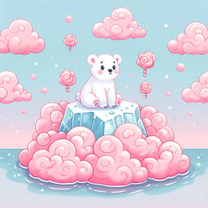 Small White Polar Bear on Iceberg in Pink Clouds