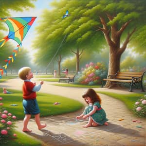 Kids Playing in Sunny Park - Colorful Kite and Sidewalk Chalk Fun