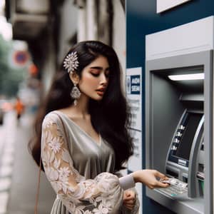 Graceful South Asian Woman Withdrawing Money from ATM - CLEAN