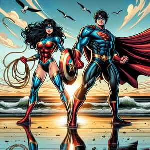 Female Superhero at Beach with Male Superhero in Comics Style
