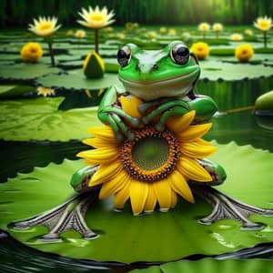 Curious Frog Holding Sunflower in Lush Green Pond