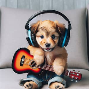 Cute Puppy Playing Guitar and Listening to Music