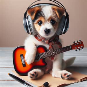 Adorable Dog Listening to Music and Playing Guitar