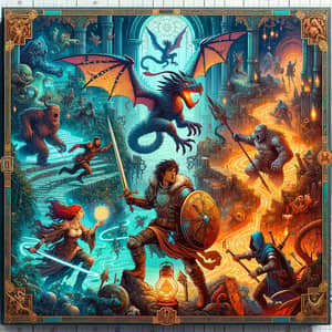 Fantasy Game Box Cover with Brave Heroes and Terrifying Creatures