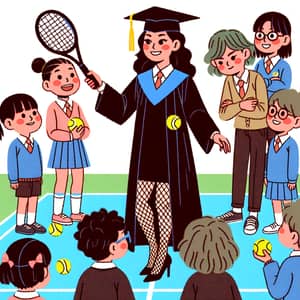 Asian Woman Teaching Tennis in Graduation Gown and Fishnet Stockings