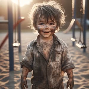Mischievous Caucasian Boy Playing Outdoors in Tattered Clothes