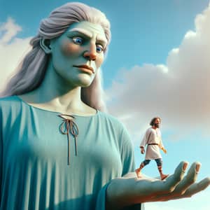 Colossal Norse Giantess and Tiny Human Figure Contrasted in Surreal Scene