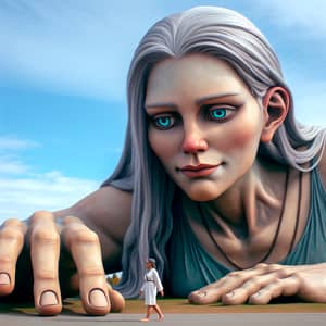 Colossal Nordic Giantess and Tiny Human Figure Sculpture