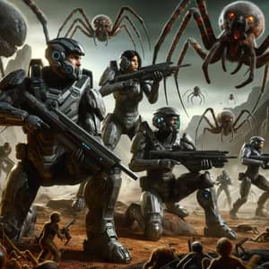 Futuristic Troopers Battle Giant Arachnids on Hostile Planet