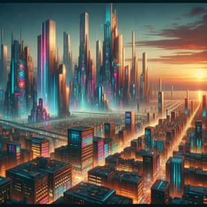 Futuristic Cityscape at Sunset - Cyberpunk Urban Panorama