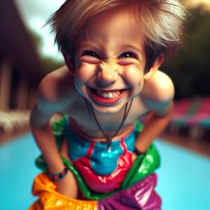 Mischievous Young Boy in Colorful Plastic Pants and Diaper - Vibrant Outdoor Portrait