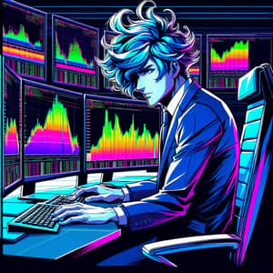 Anime-Styled Man Trading Indices with Blue Hair