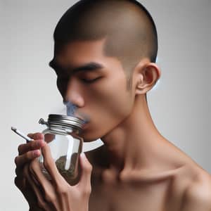 Southeast Asian Individual with Tightly Buzz-Cut Hairstyle Smoking from a Jar