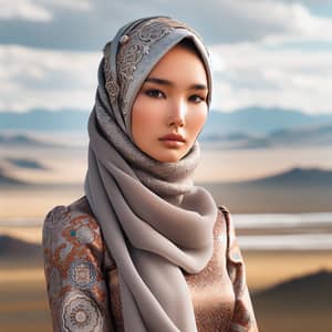 Elegant Mongolian Woman in Hijab on Steppe | Traditional Attire