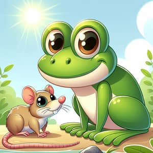 Green Frog and Tan Rat Illustration | Friendly Scene Near Pond