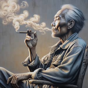 Captivating Scene of an Older Asian Man Smoking at Dusk