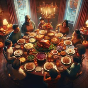 Tranquil Thanksgiving Scene with Feast and Diverse Family Gathering