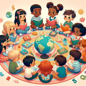 Diverse Children Learning Together with Books and Globe