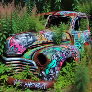 Urban Graffiti Art on Rusty Car in Overgrown Weeds