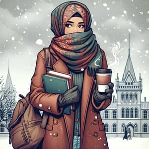 Middle-Eastern Female Student in Winter Clothing at University Campus