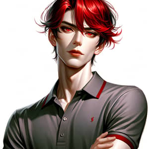 Dynamic Anime-Inspired Male Character in Red Hair and Polo Shirt