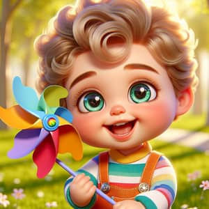Adorable Child Character Playing with Pinwheel in Sunlit Park