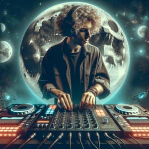 Caucasian DJ with Curly Hair Playing Music in Moonlit Cyberpunk Scene
