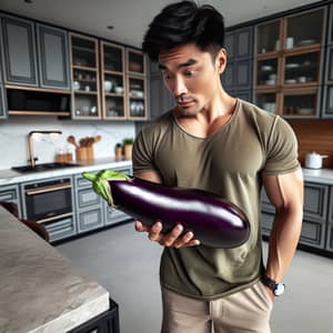 Asian Man Marvels at Large Eggplant in Modern Kitchen
