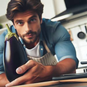 Introverted Man Holding Eggplant in Kitchen | Home Cooking Scene