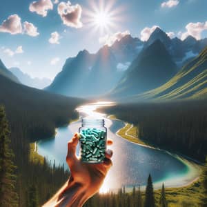 Breathtaking Nature Scene: Blue-Green Supplement Pills & Majestic Mountain View