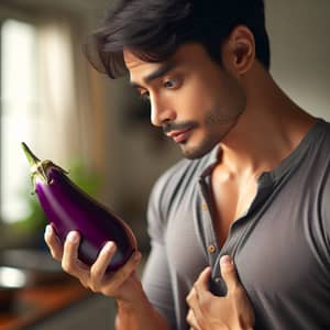 South Asian Male Admiring Vibrant Eggplant