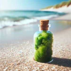 Fresh Green Sea Moss in a Clear Bottle on Sandy Beach