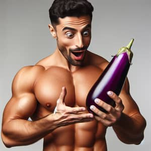 Middle-Eastern Man Marveling at Vibrant Purple Eggplant