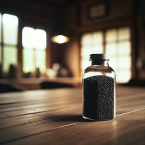 Glass Bottle with Black Seeds on Wooden Table